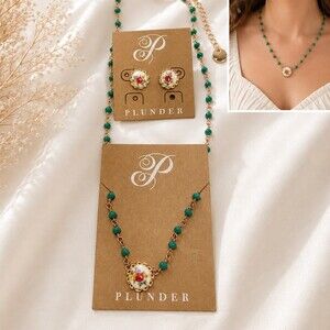 Plunder Design necklace Stud Earrings Set Green Beaded Floral cute vintage style